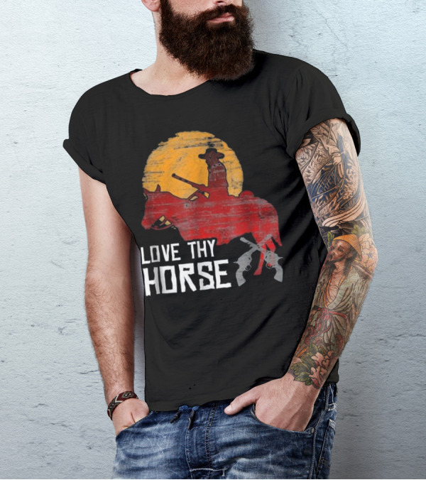 LOVE THY HORSE Red Rider Against Sunset With Crossed Guns T-Shirt