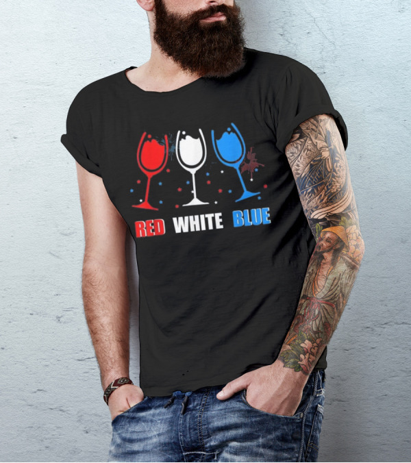 Red White Blue Wine Glasses Patriotic T-Shirt