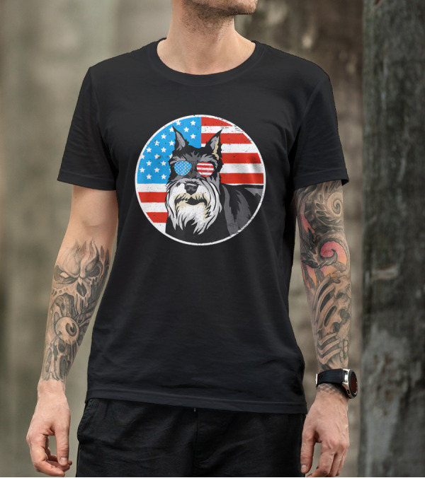 Schnauzer Dog Wearing American Flag Sunglasses 4th Of July T-Shirt