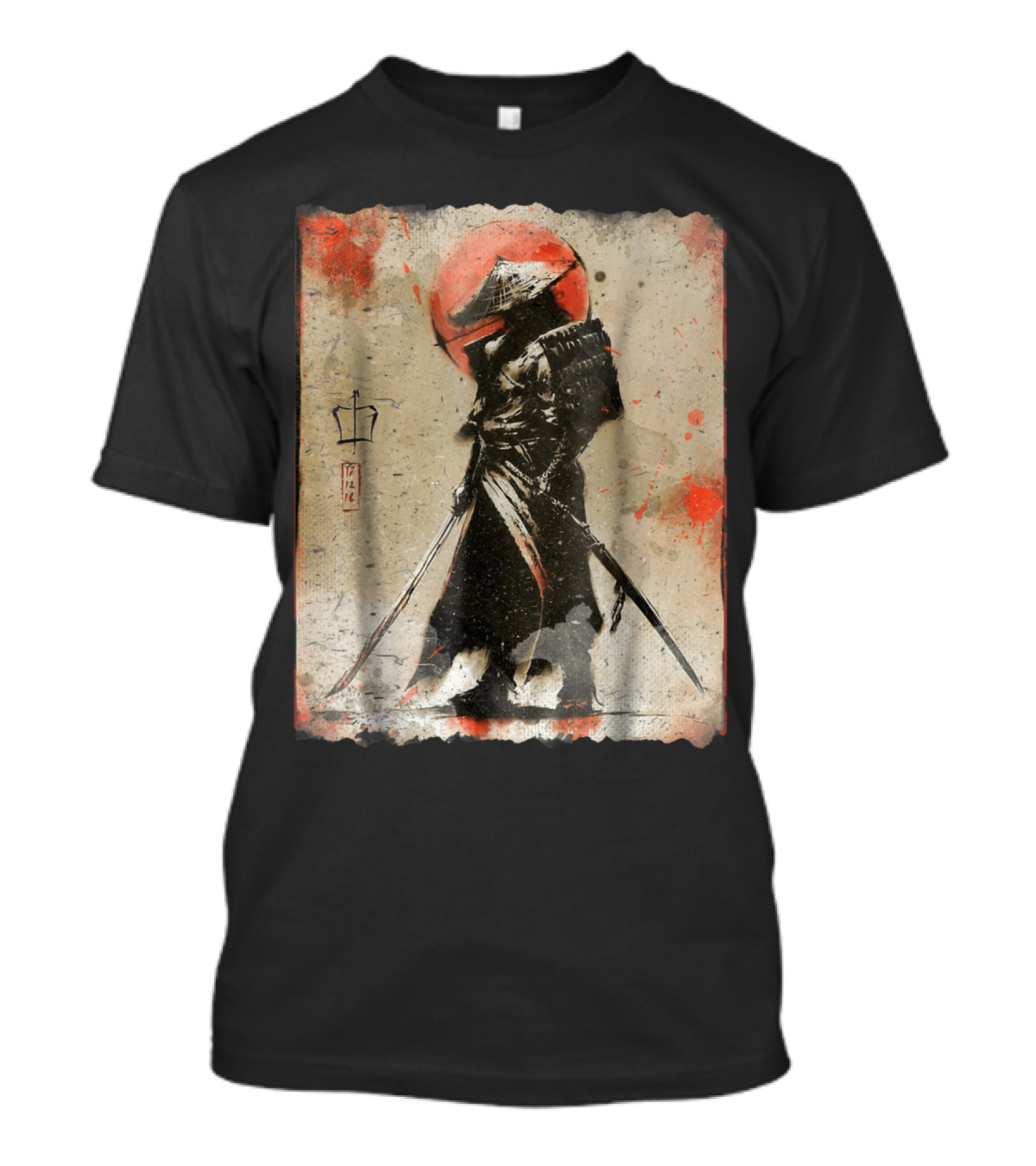 Samurai Japanese Warrior Silhouette Red Sun Zen Brushstroke T-Shirt