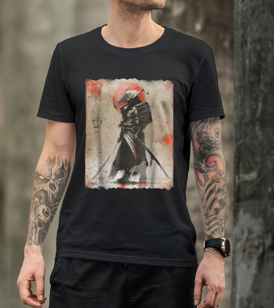 Samurai Japanese Warrior Silhouette Red Sun Zen Brushstroke T-Shirt