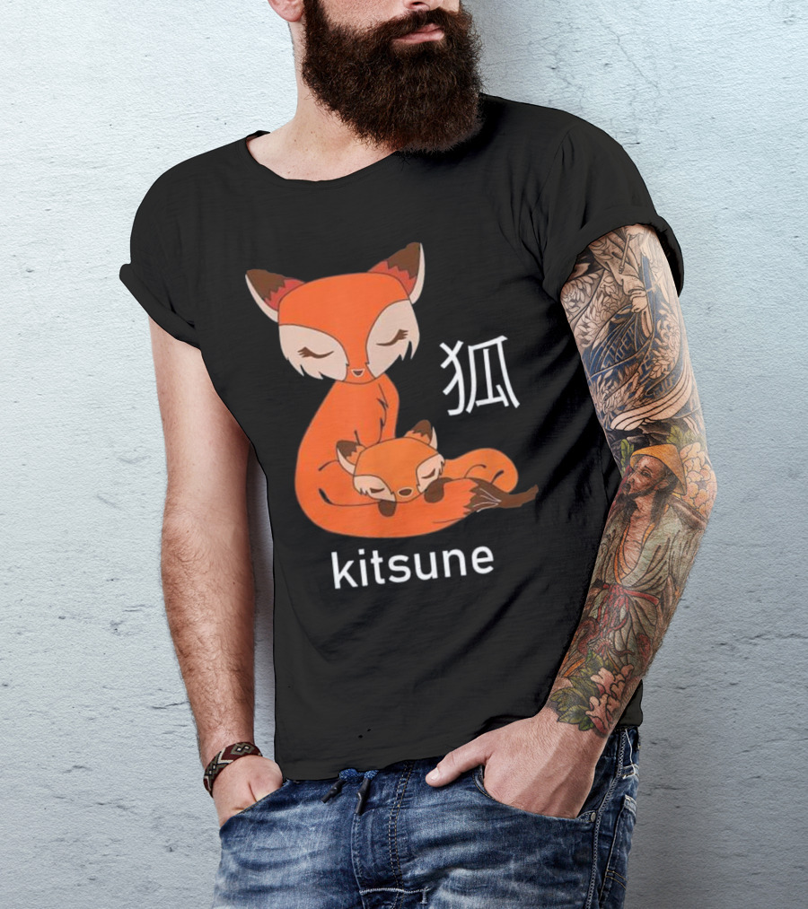 Kitsune Fox With Japanese Kanji Mama And Baby Fox T-Shirt