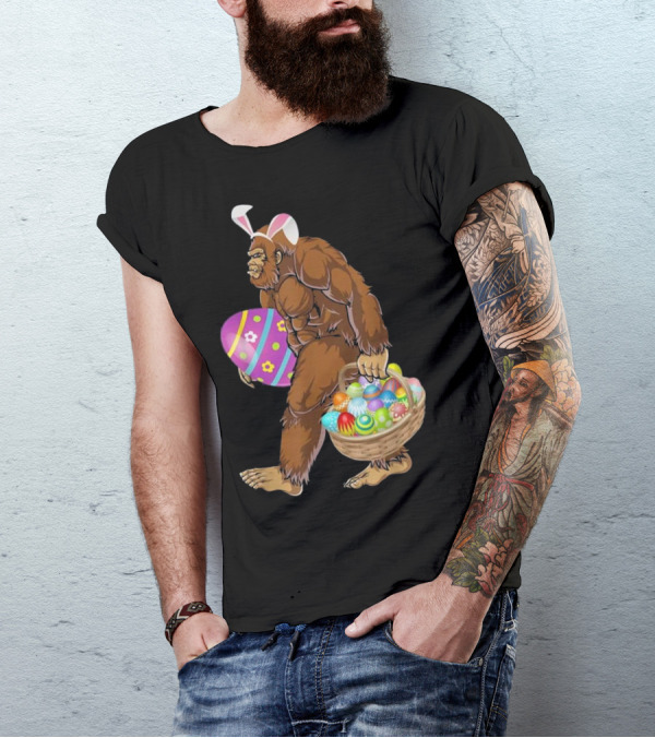 Funny Easter Bigfoot With Bunny Ears Holding Colorful Eggs T-Shirt