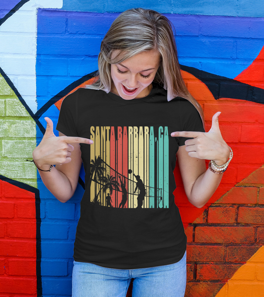 Santa Barbara CA Beach Volleyball Palm Trees Vintage Stripes T-Shirt