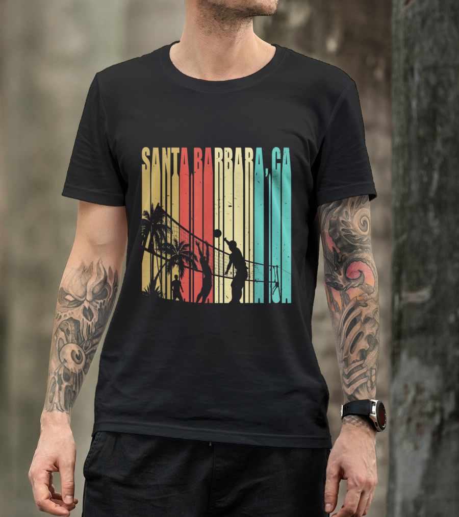 Santa Barbara CA Beach Volleyball Palm Trees Vintage Stripes T-Shirt