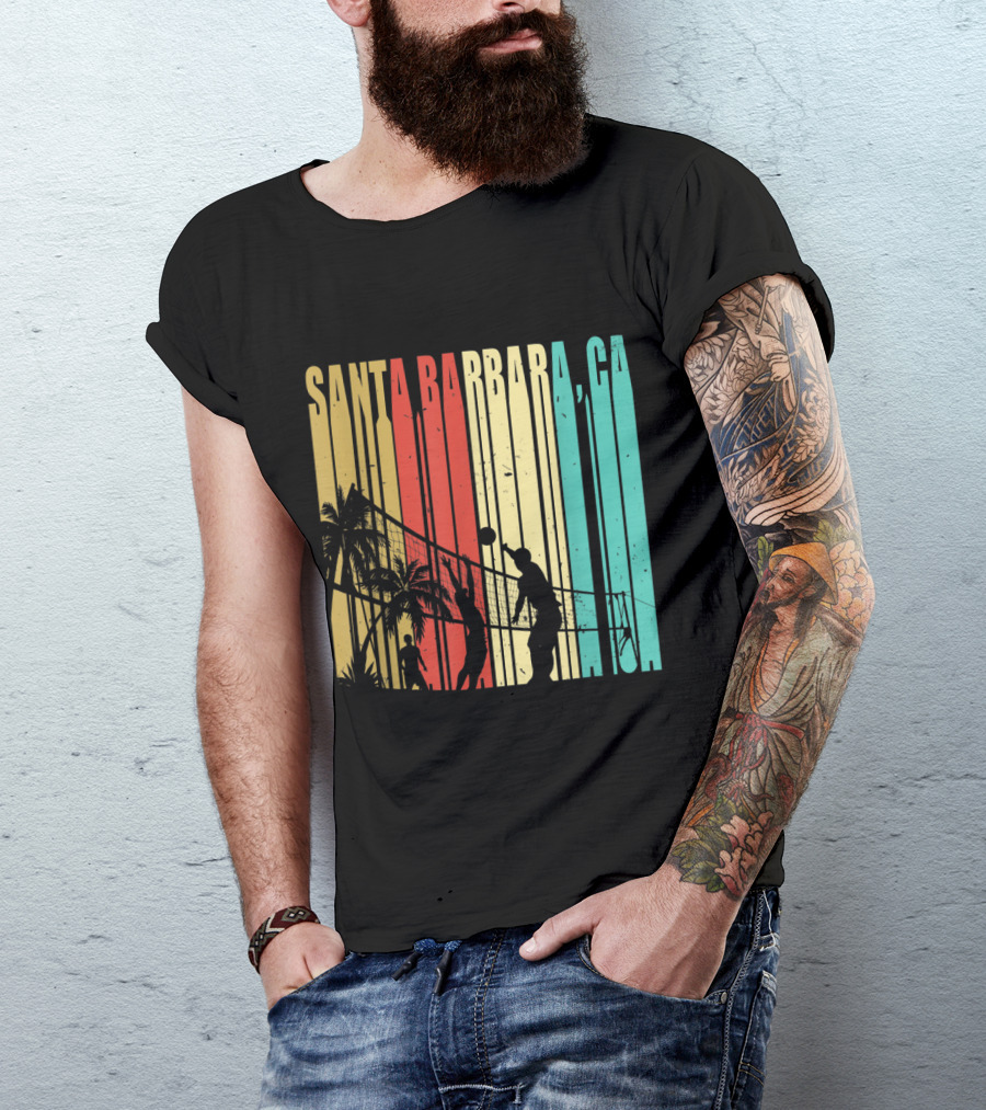 Santa Barbara CA Beach Volleyball Palm Trees Vintage Stripes T-Shirt