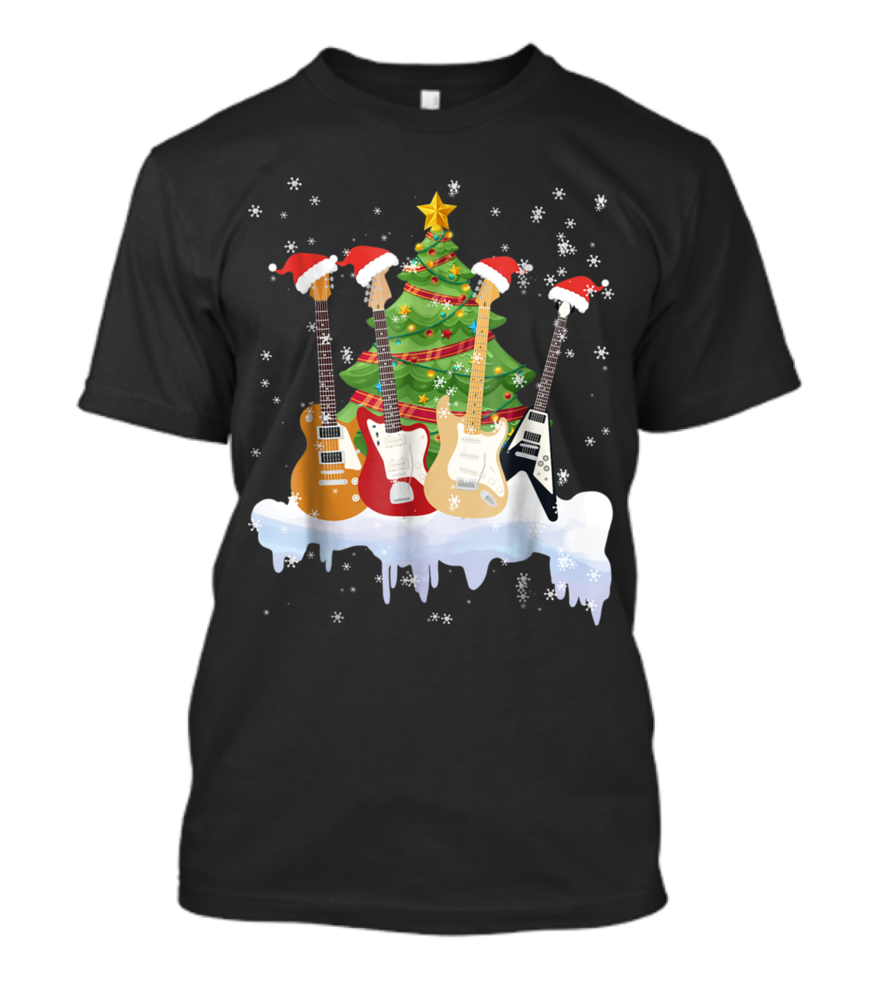 Holiday Santa Hat Electric Guitar Christmas Tree Scene T-Shirt