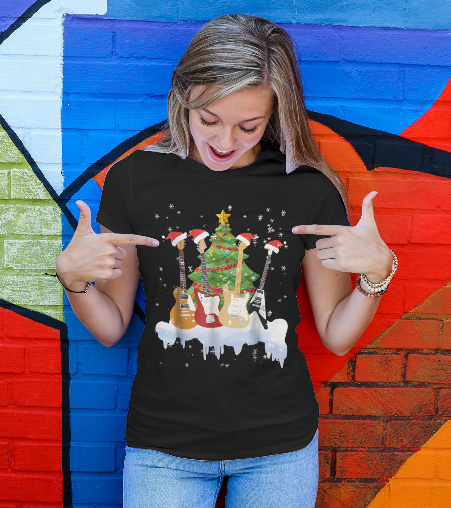 Holiday Santa Hat Electric Guitar Christmas Tree Scene T-Shirt