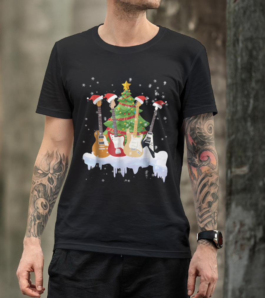 Holiday Santa Hat Electric Guitar Christmas Tree Scene T-Shirt
