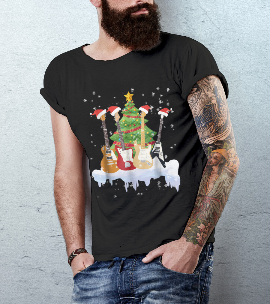 Holiday Santa Hat Electric Guitar Christmas Tree Scene T-Shirt