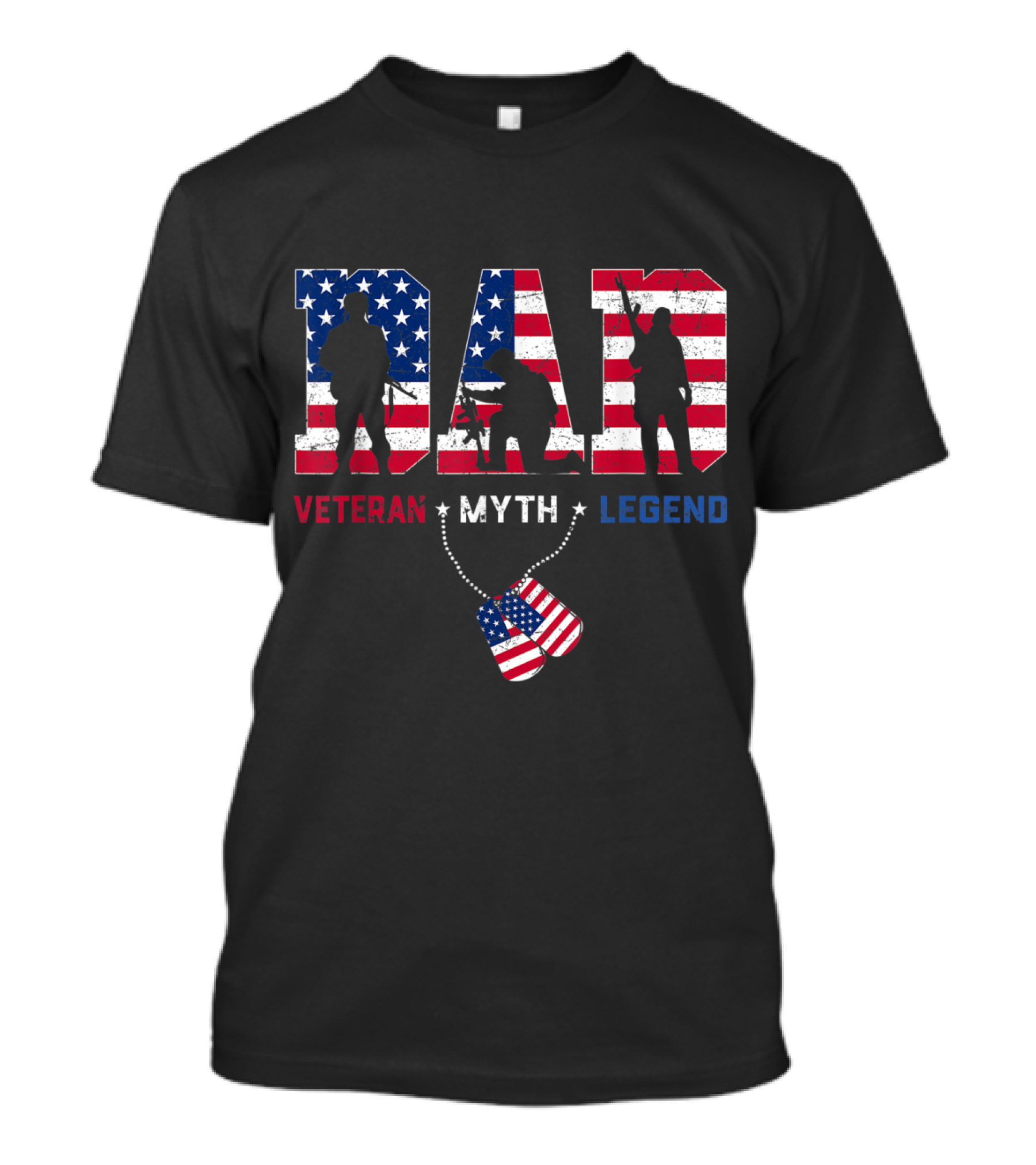 Mens Dad Veteran Myth Legend Amer Patriotic Soldier Silhouettes USA Flag Dog Tags T-Shirt
