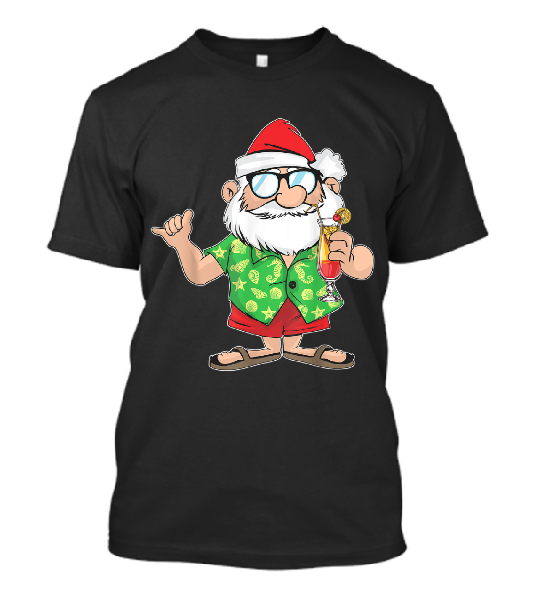 Santa Hawaiian Christmas In Beach Attire With Tropical Drink T-Shirt