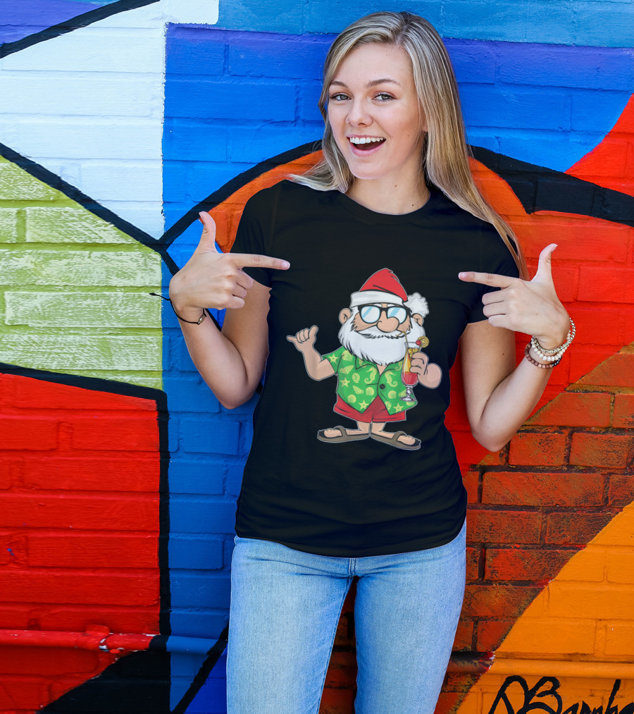 Santa Hawaiian Christmas In Beach Attire With Tropical Drink T-Shirt