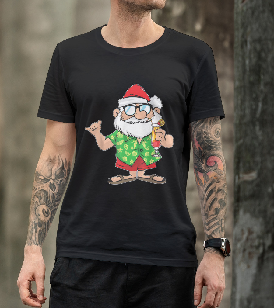 Santa Hawaiian Christmas In Beach Attire With Tropical Drink T-Shirt