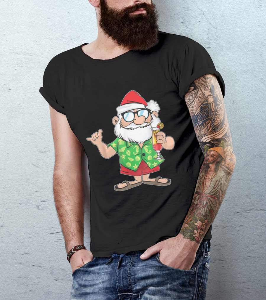 Santa Hawaiian Christmas In Beach Attire With Tropical Drink T-Shirt