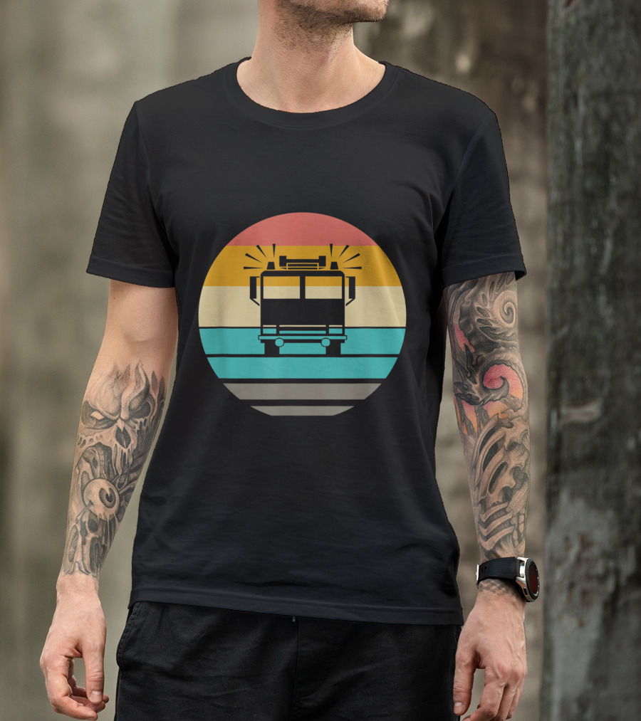 Vintage Firetruck Rainbow Stripes Retro Firefighter T-Shirt