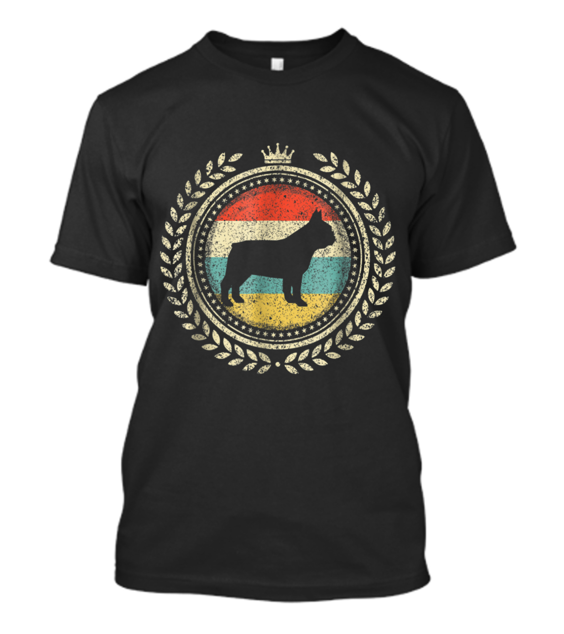 Vintage French Bulldog Silhouette With Retro Stripes And Laurel Wreath T-Shirt