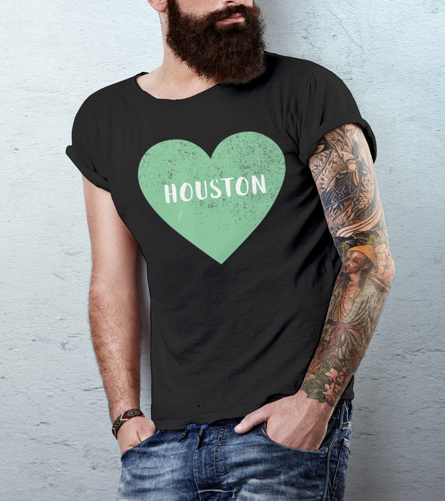 I Heart Houston Green City Souvenirs Vintage-Style Textured Heart T-Shirt