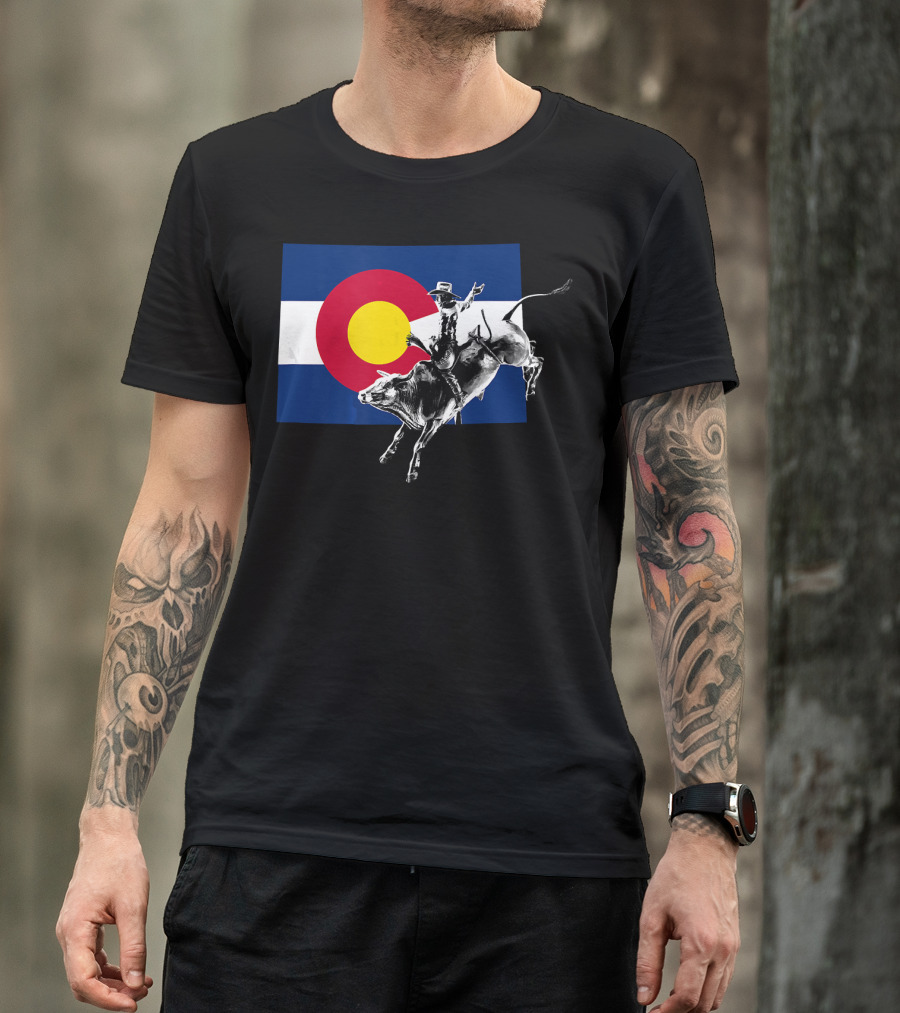 Colorado Rodeo Bull Rider On State Flag T-Shirt