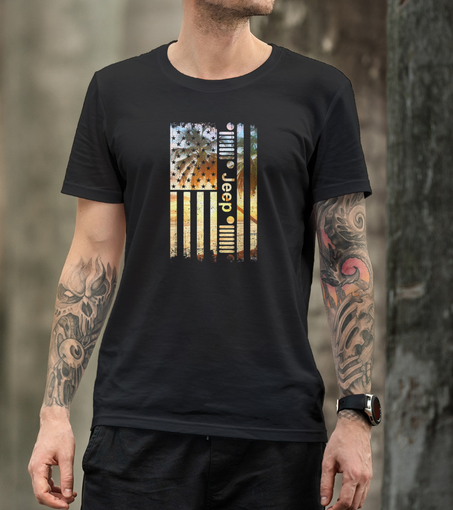 Jeep American Flag Beach Sunset Palm Trees Summer T-Shirt