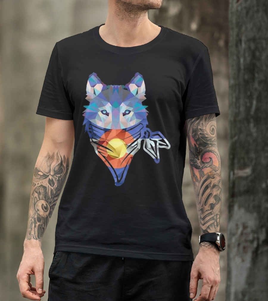 Colorado State Flag Geometric Wolf Dog Face T-Shirt