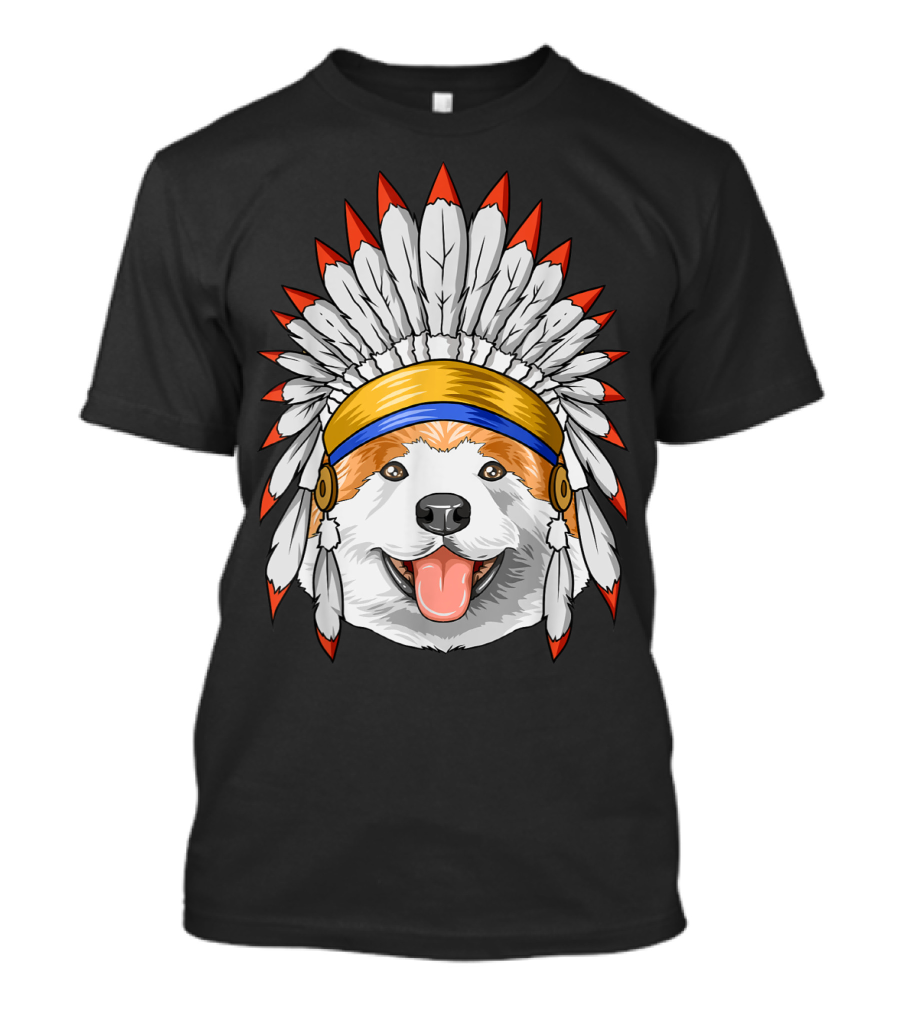 Native Indian American Akita Dog With Feather Headdress T-Shirt