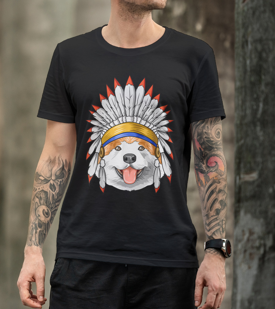 Native Indian American Akita Dog With Feather Headdress T-Shirt