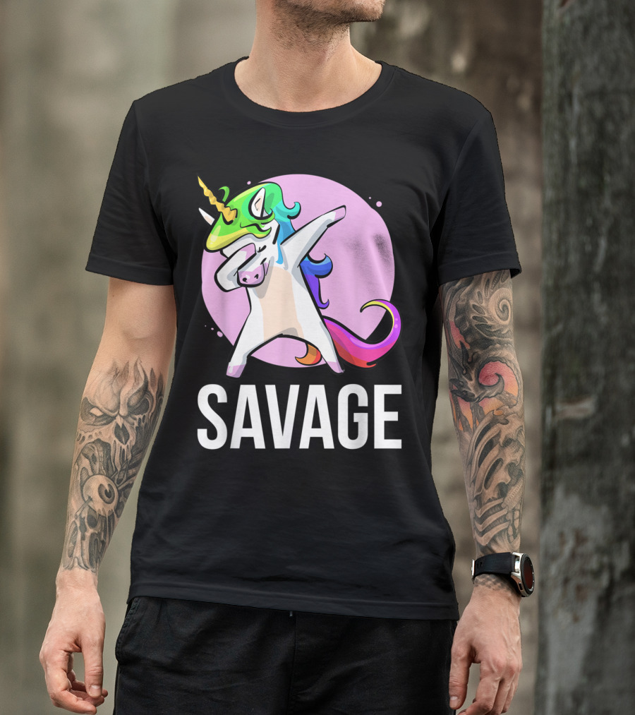Savage Dabbing Unicorn With Colorful Mane In Front Of Pink Circle T-Shirt