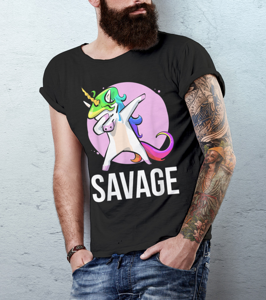 Savage Dabbing Unicorn With Colorful Mane In Front Of Pink Circle T-Shirt