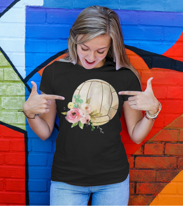 Girly Boho Floral Watercolor Volleyball With Pastel Flowers T-Shirt