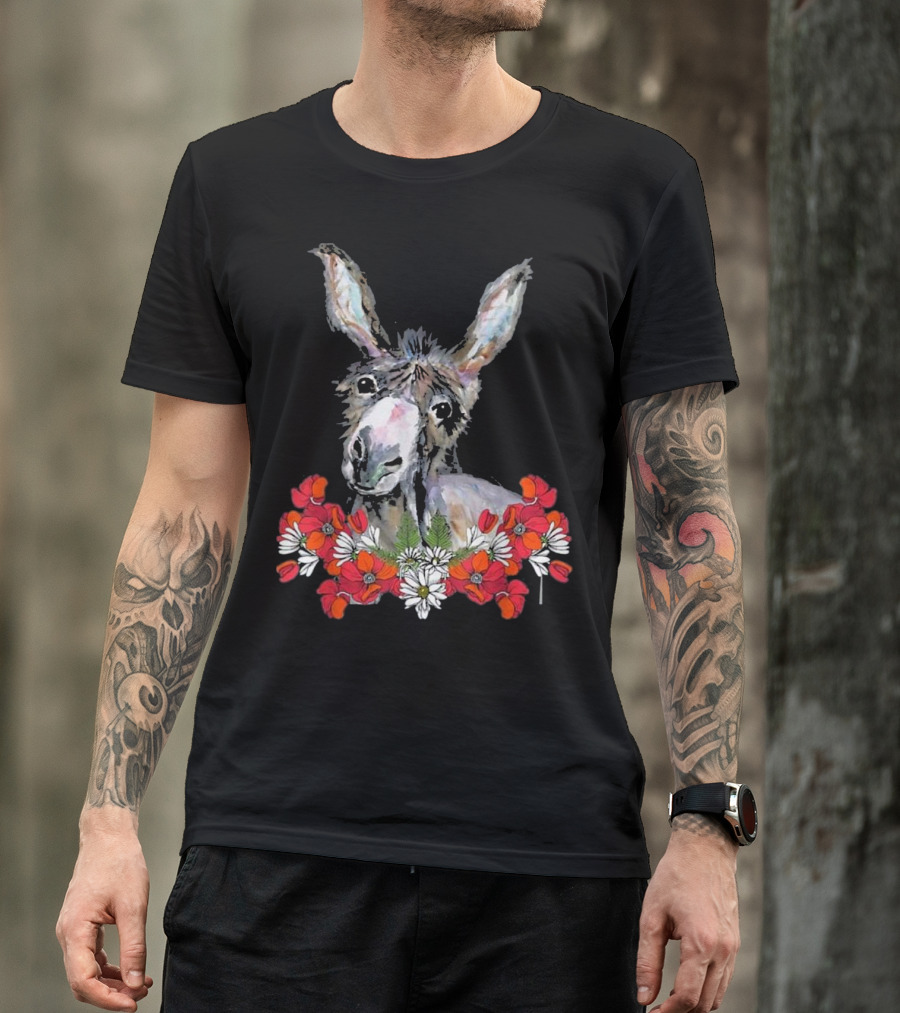 Donkey With Red And White Flowers For Farmers T-Shirt