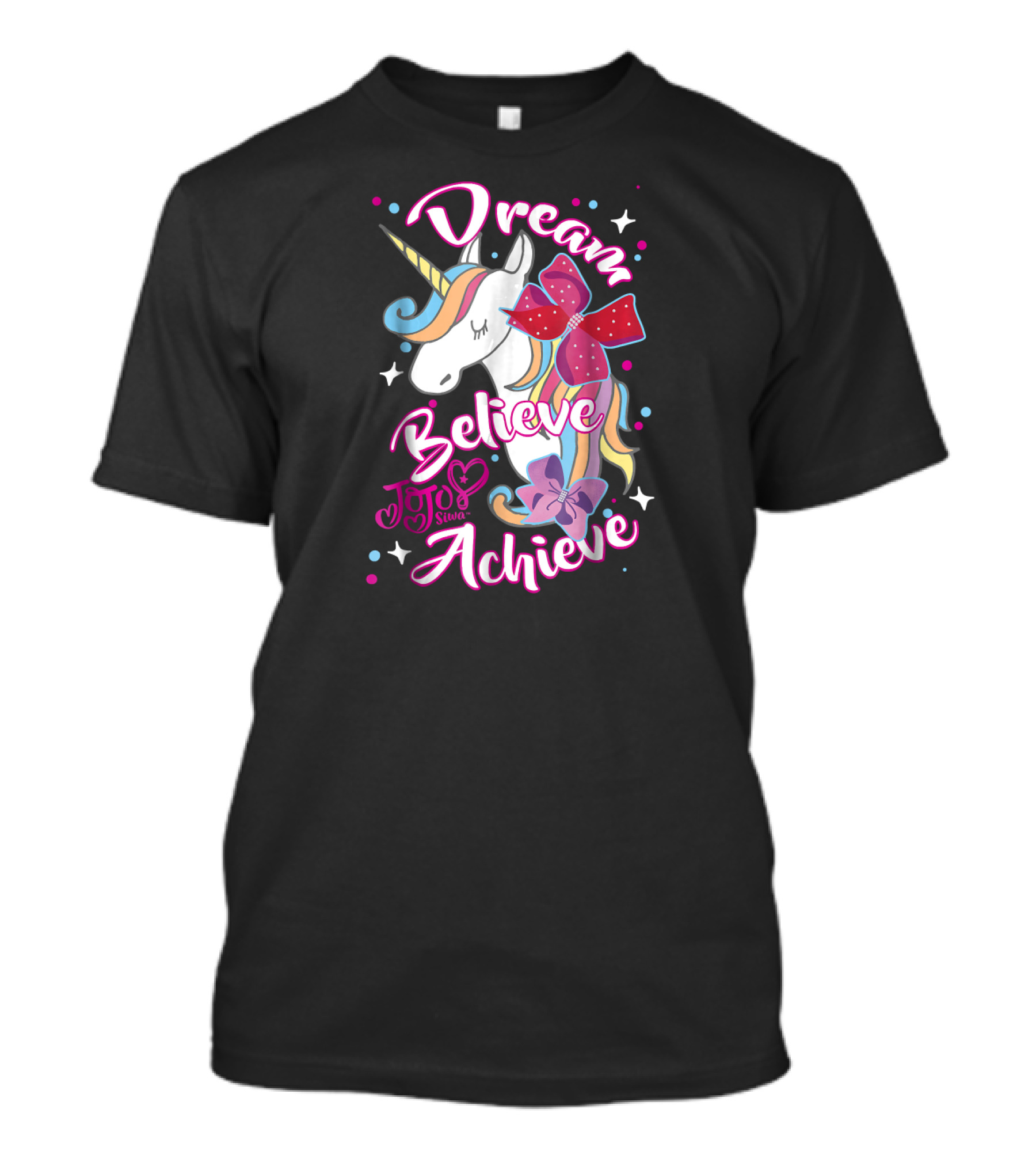 JoJo Siwa Dream Believe Achieve Unicorn Rainbow Bow Stars T-Shirt