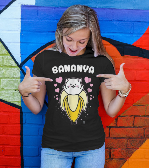 Bananya Cat With Hearts And Banana Cartoon T-Shirt