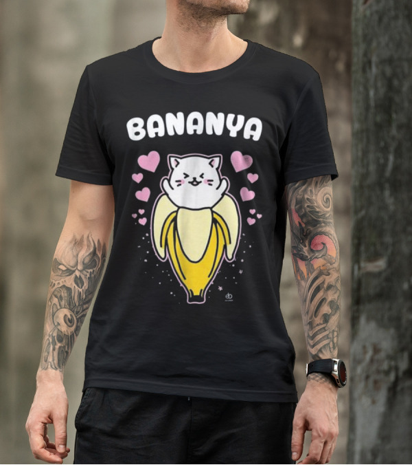 Bananya Cat With Hearts And Banana Cartoon T-Shirt