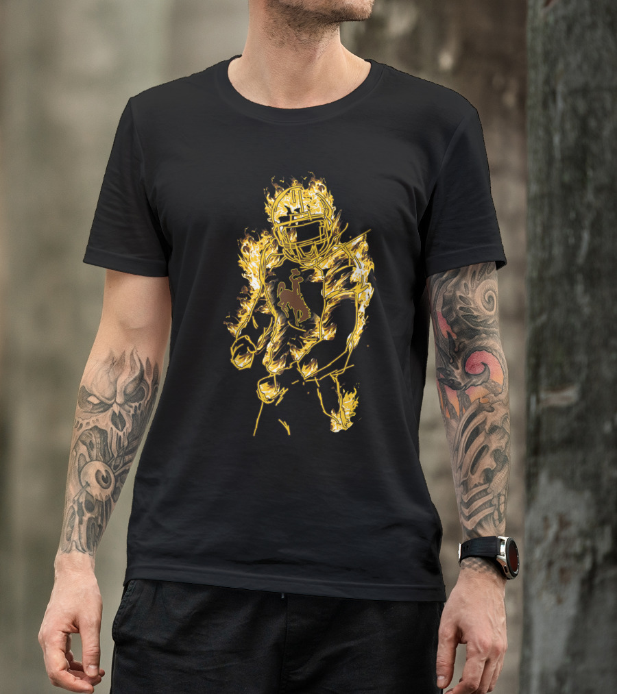 Wyoming Cowboys Flaming Football Player T-Shirt