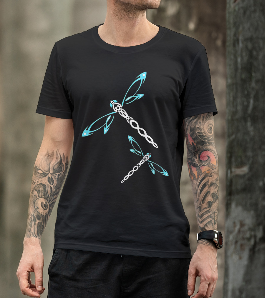 Dragonfly Tribal Pattern Blue And White T-Shirt