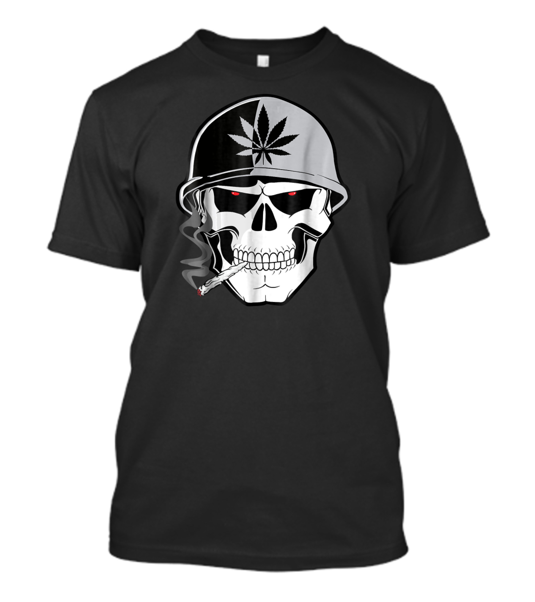 Biker Skull With Cannabis Leaf Helmet Smoking Joint T-Shirt