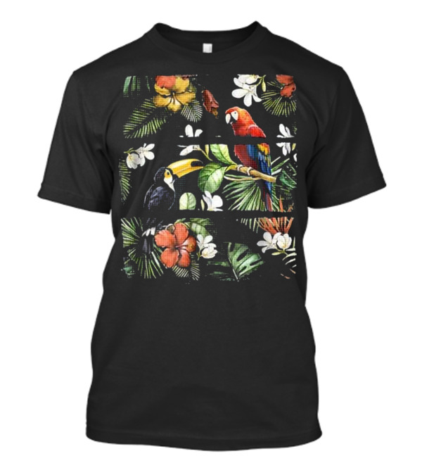 Parrot And Toucan In Vibrant Tropical Rainforest With Exotic Flowers T-Shirt