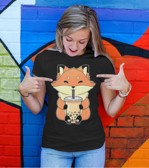 I Love Bubble Milk Tea Fox With Boba Drink T-Shirt