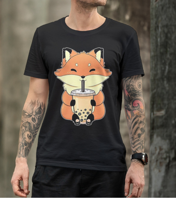 I Love Bubble Milk Tea Fox With Boba Drink T-Shirt