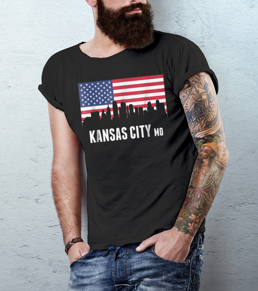 Kansas City MO American Flag Cityscape Skyline America T-Shirt