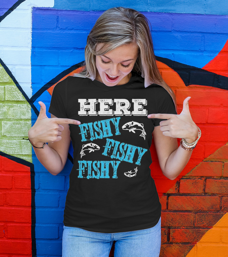 Funny Fishing Dad Here Fishy Fishy With Fish Icons T-Shirt