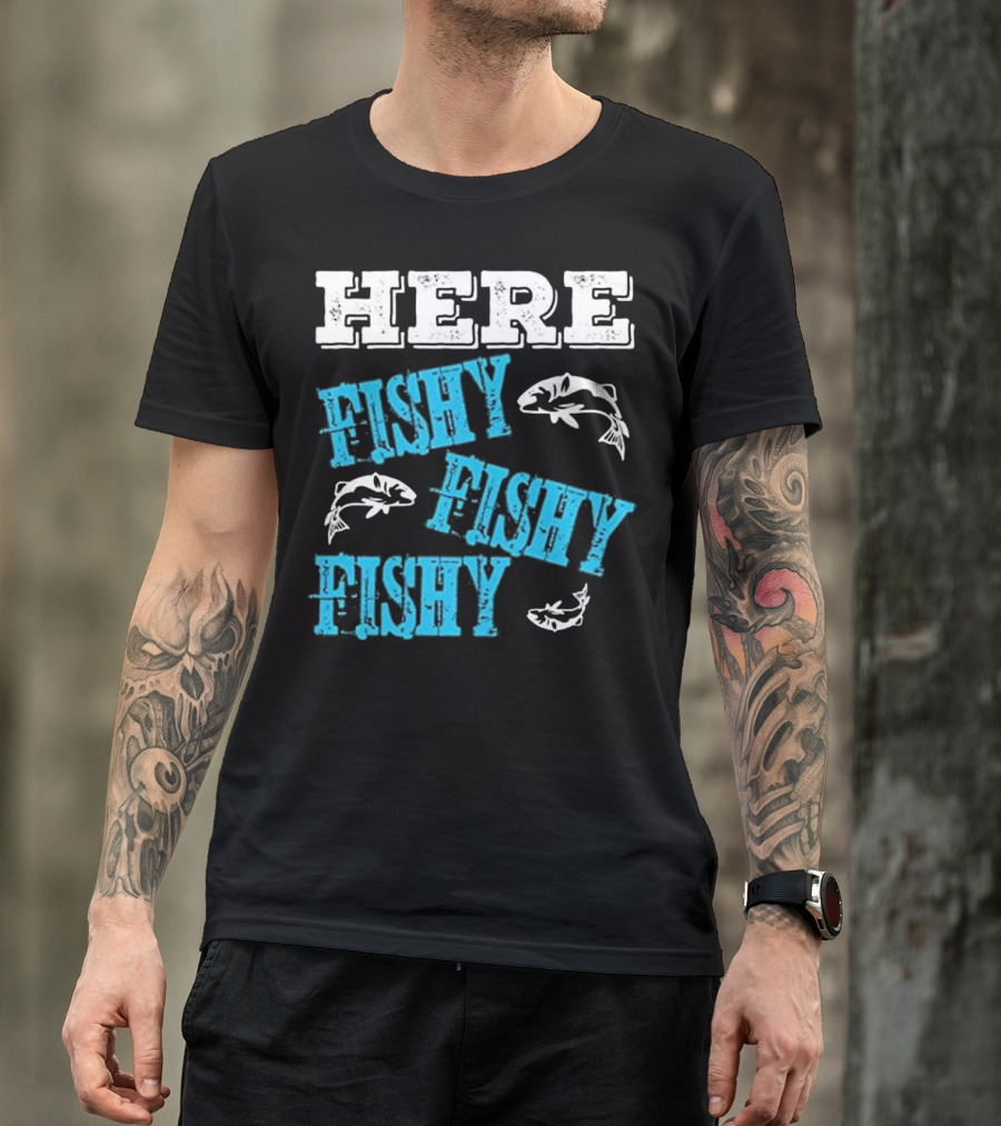 Funny Fishing Dad Here Fishy Fishy With Fish Icons T-Shirt