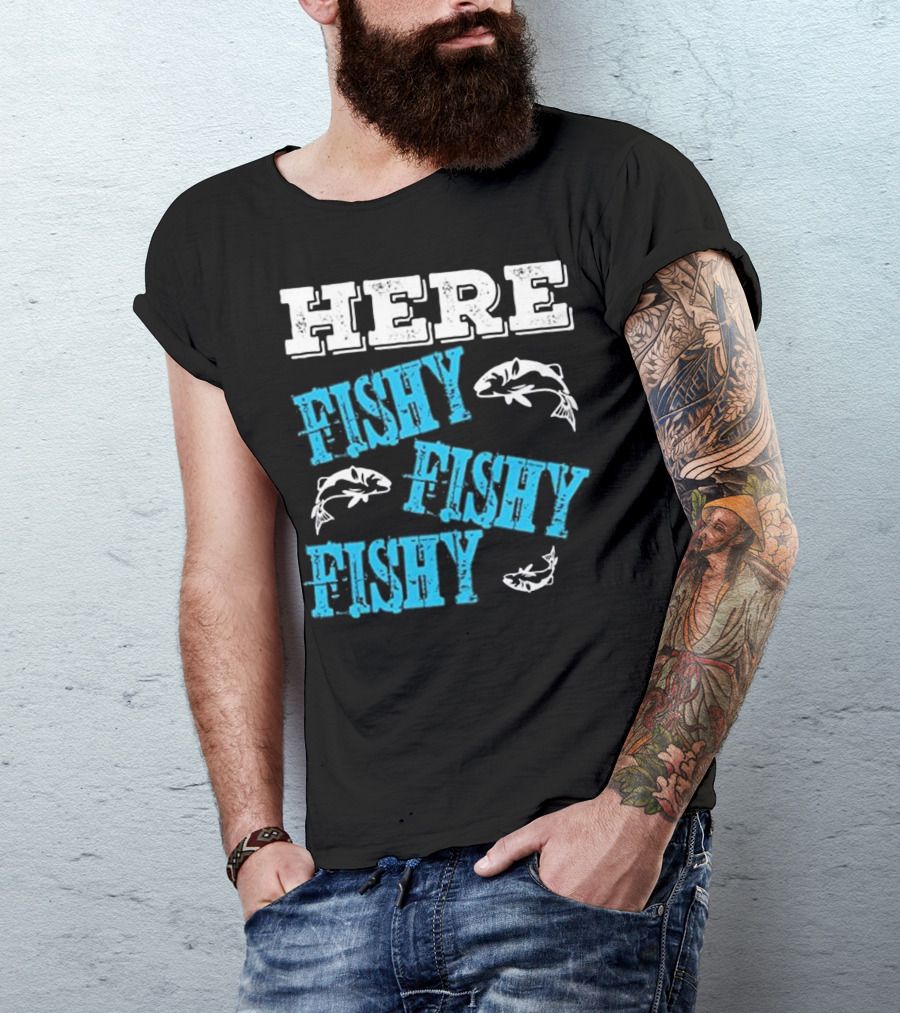 Funny Fishing Dad Here Fishy Fishy With Fish Icons T-Shirt