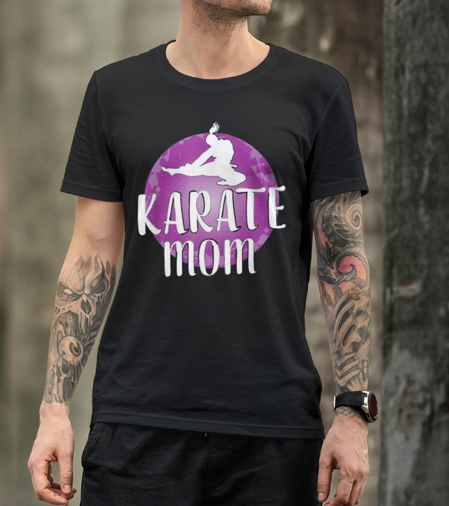 Karate Mom Martial Arts Kick Silhouette On Purple Circle Background T-Shirt