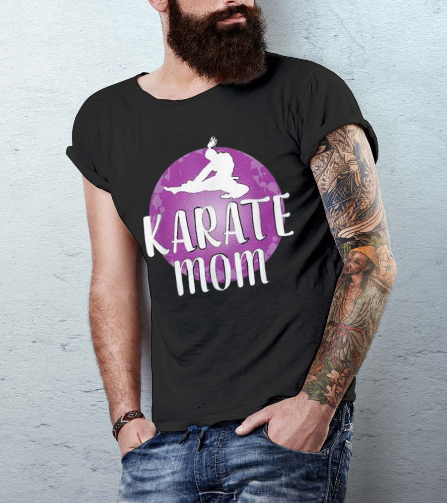 Karate Mom Martial Arts Kick Silhouette On Purple Circle Background T-Shirt