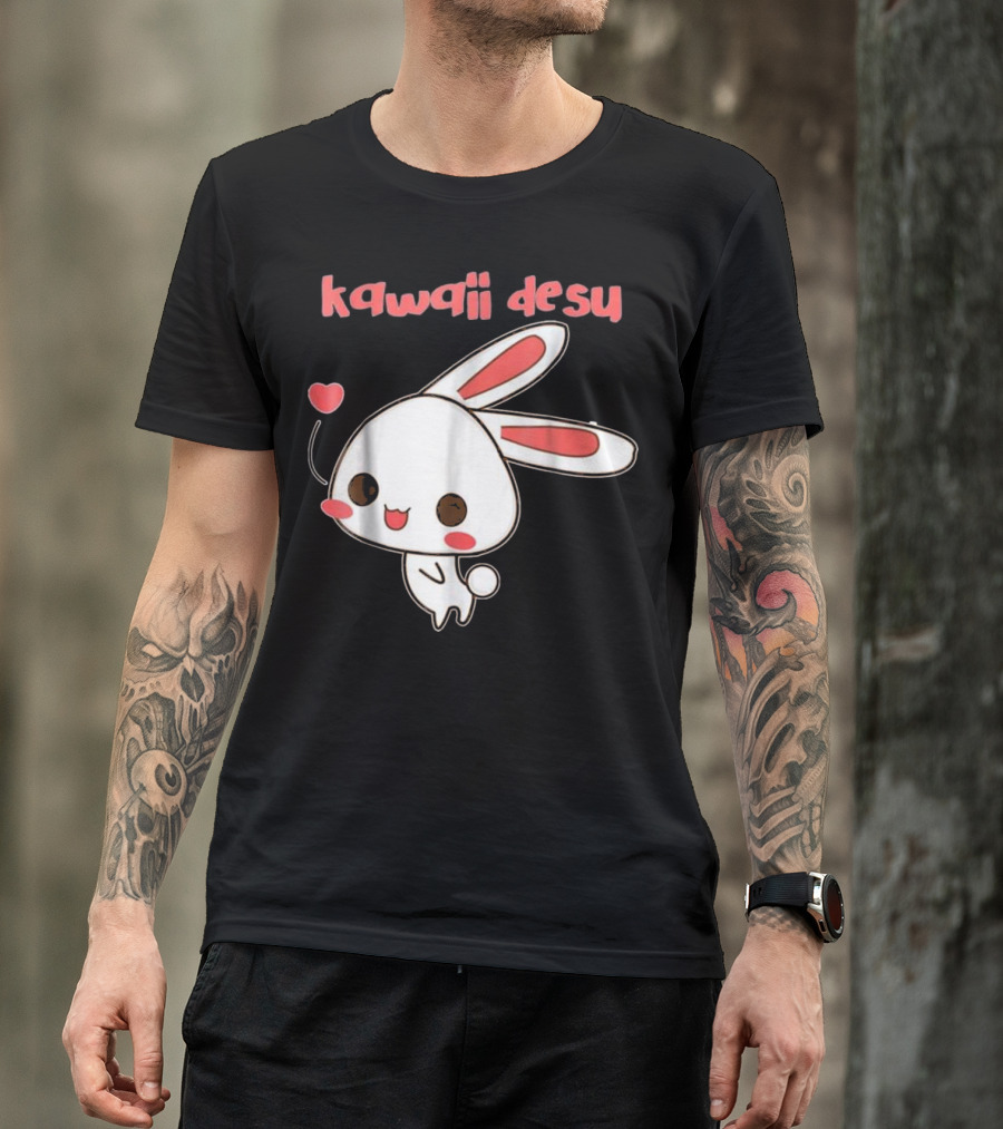 Kawaii Desu Cute Japanese Anime Rabbit With Heart Balloon T-Shirt