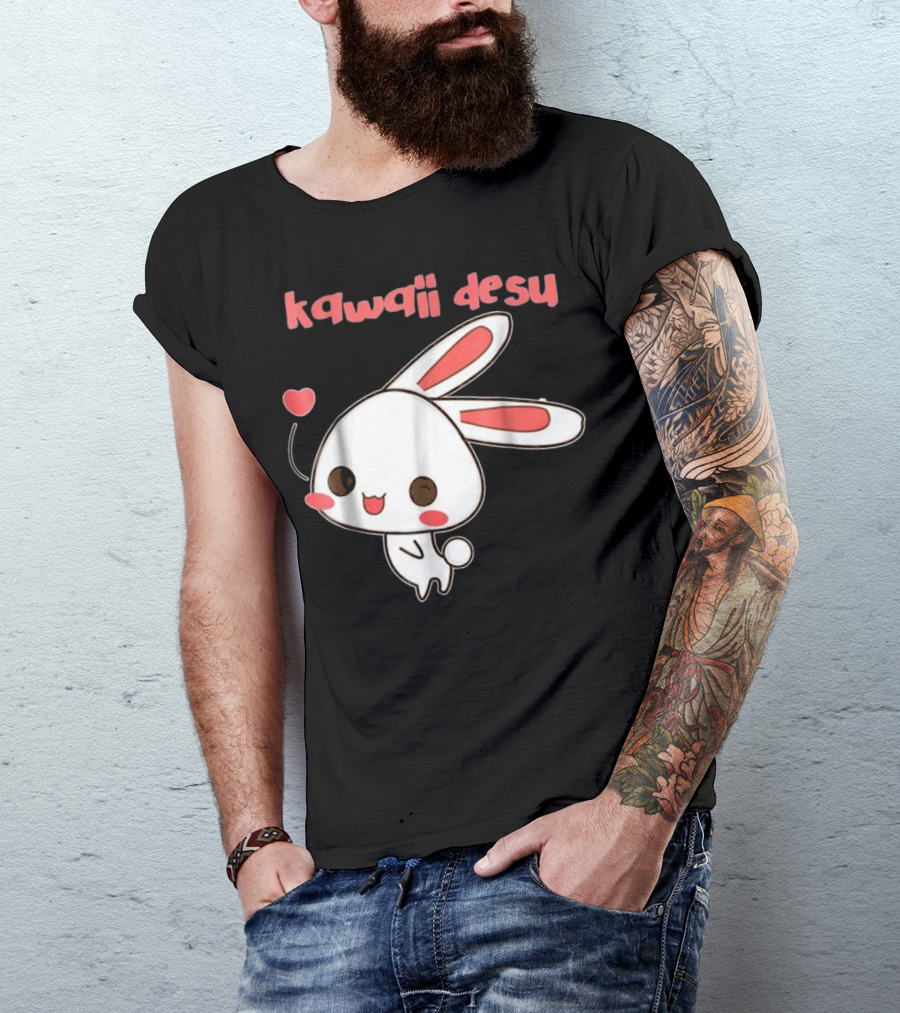 Kawaii Desu Cute Japanese Anime Rabbit With Heart Balloon T-Shirt