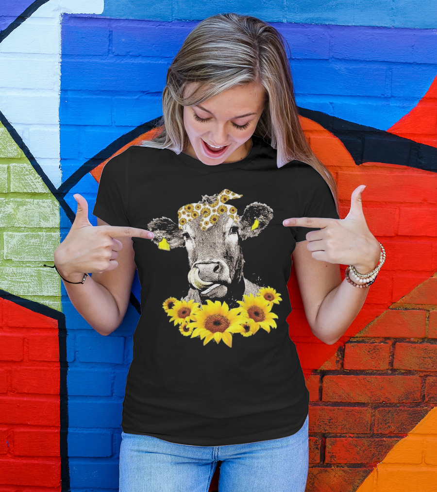 Cow Wearing Sunflower Bandana Surrounded By Sunflowers For Funny Cattle Lover T-Shirt