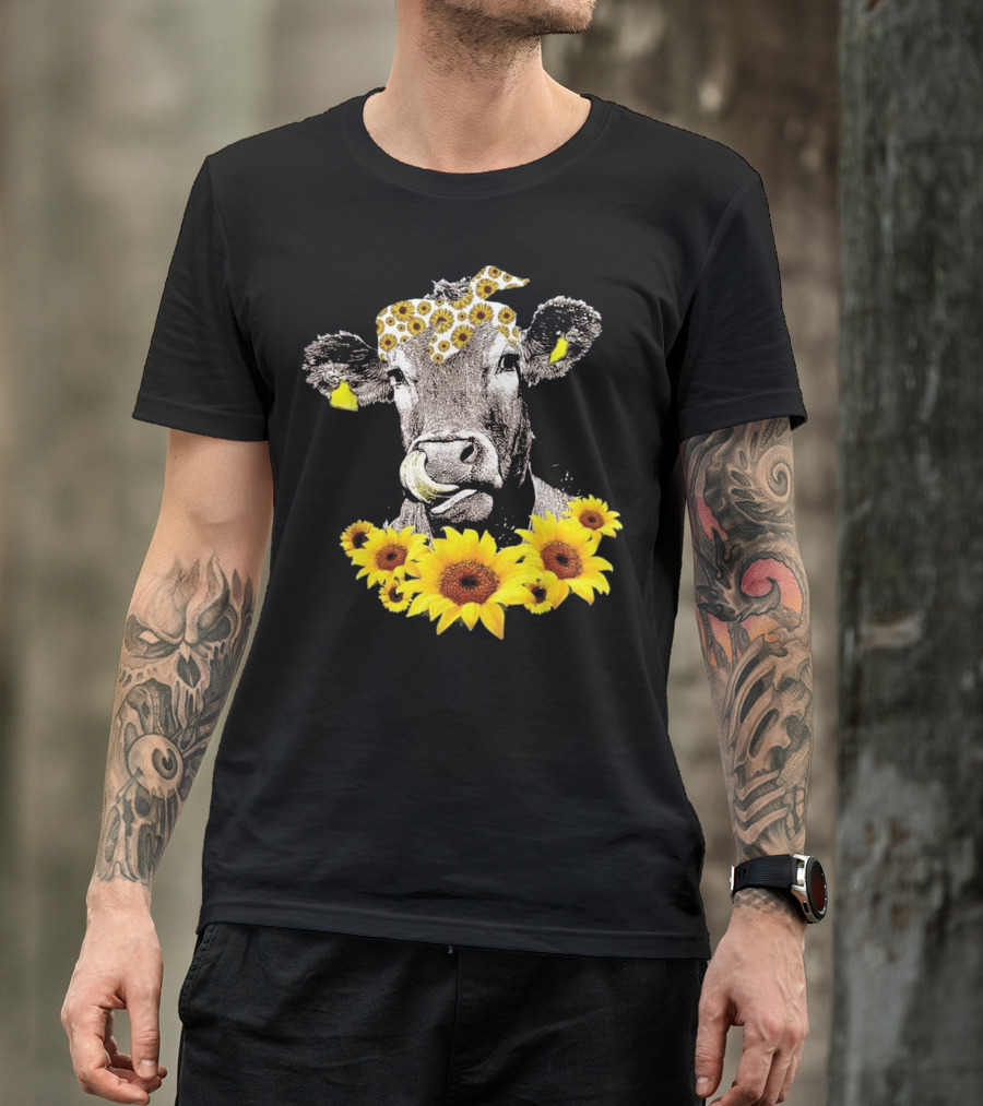 Cow Wearing Sunflower Bandana Surrounded By Sunflowers For Funny Cattle Lover T-Shirt